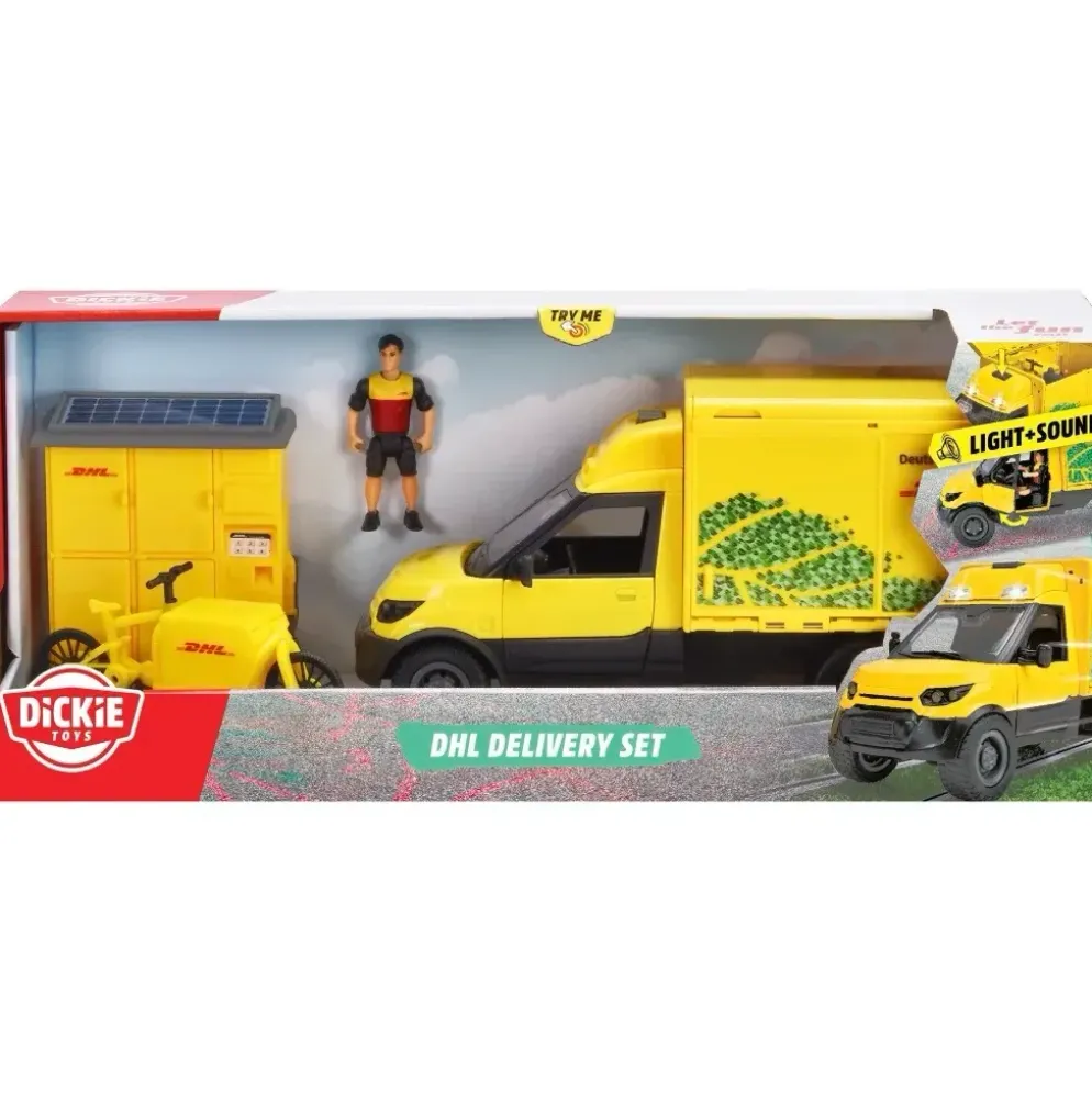 DHL Delivery Set - Paketbil Paketskåp Cykel - Dickie Toys