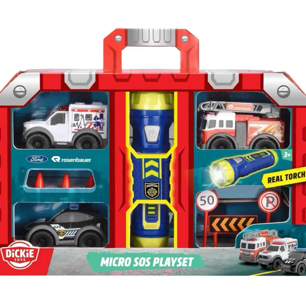Micro SOS Playset - 3 utryckningsbilar och ficklampa - Dicke Toys