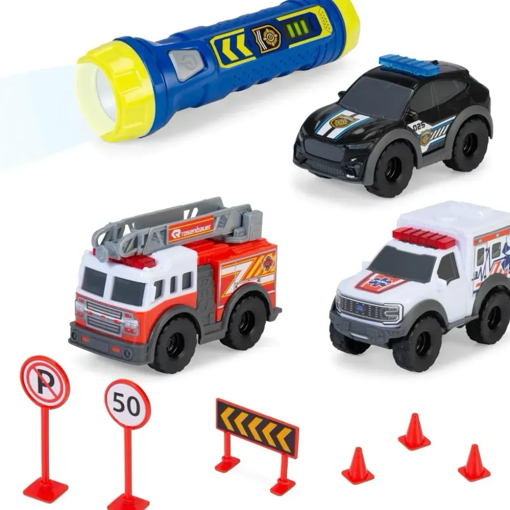 Micro SOS Playset - 3 utryckningsbilar och ficklampa - Dicke Toys