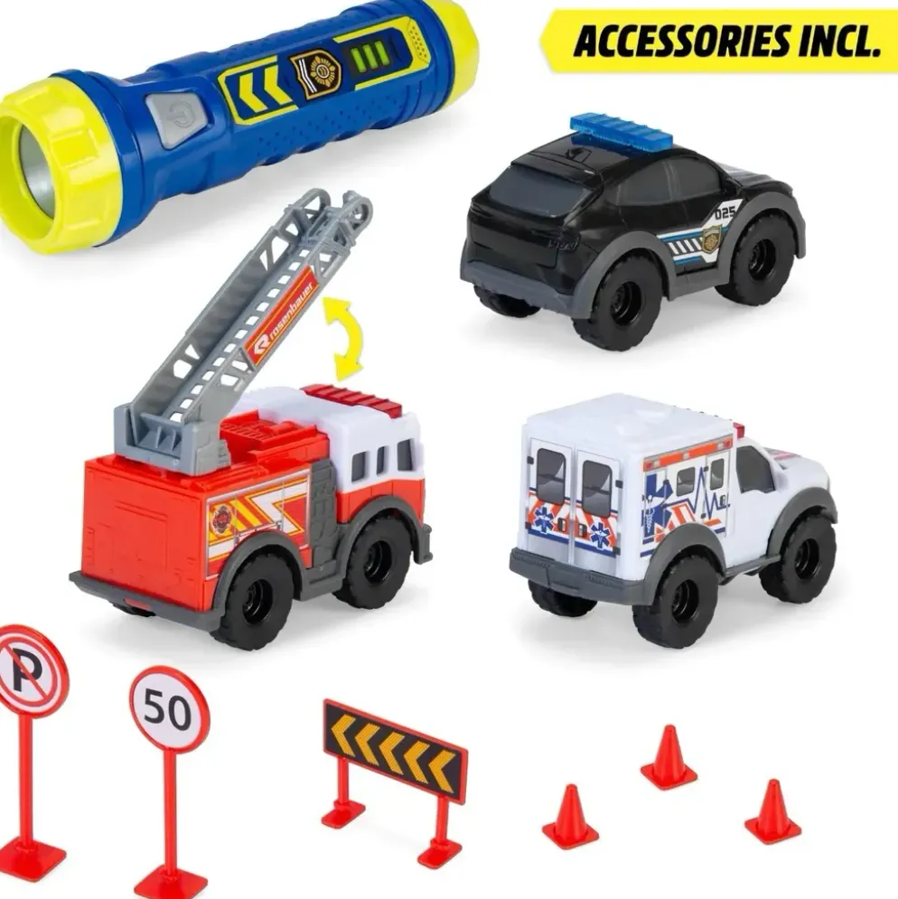 Micro SOS Playset - 3 utryckningsbilar och ficklampa - Dicke Toys